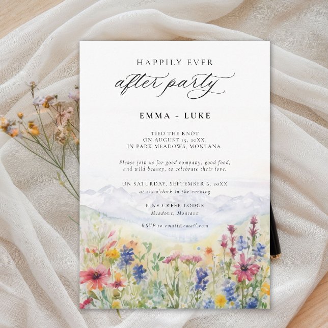 Convite Montanhas Prado Flores Silvestres Casamento Após F (elopement after party invitation happily ever mountain wildflowers meadow watercolor modern)