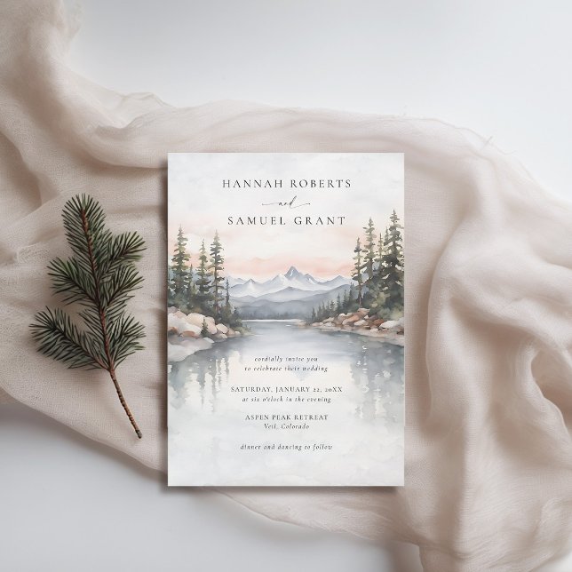 Convite Montanhas River Scene Rocky Ridge Casamento Românt (mountains wedding invitation rustic outdoors rocky ridge river watercolor scene modern earthy)