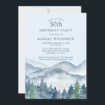 Convite Montanhas Rustic Forest 50ª festa de aniversário<br><div class="desc">A aquarela russa monta o tema da floresta do 50º convite de aniversário. Azul sólido no fundo do convite.</div>