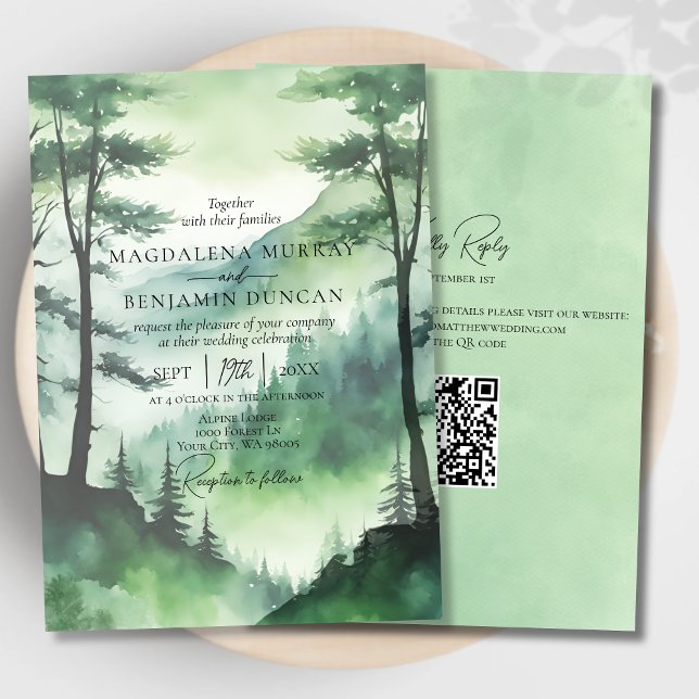 Convite Montanhas Rustic Misty Pine Trees Código QR Casame (Criador carregado)