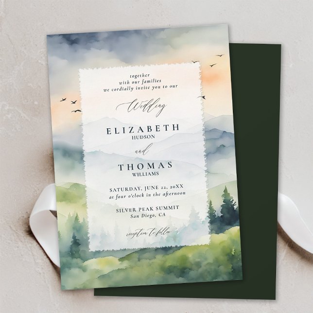 Convite Montanhas Sunrise do Sonho Casamento (mountains wedding invitation romantic sunrise rustic outdoors forest pine birds landscape watercolor)