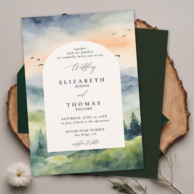 Convite Montanhas Sunrise Dream Boho Casamento (mountains wedding invitation romantic sunrise rustic outdoors forest pine birds landscape boho frame)