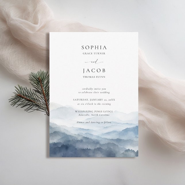 Convite Montanhas Ver Dusty Blue Ridge Casamento Romântico (mountains wedding invitation rustic outdoors blue ridge apalachian watercolor scene modern classy)