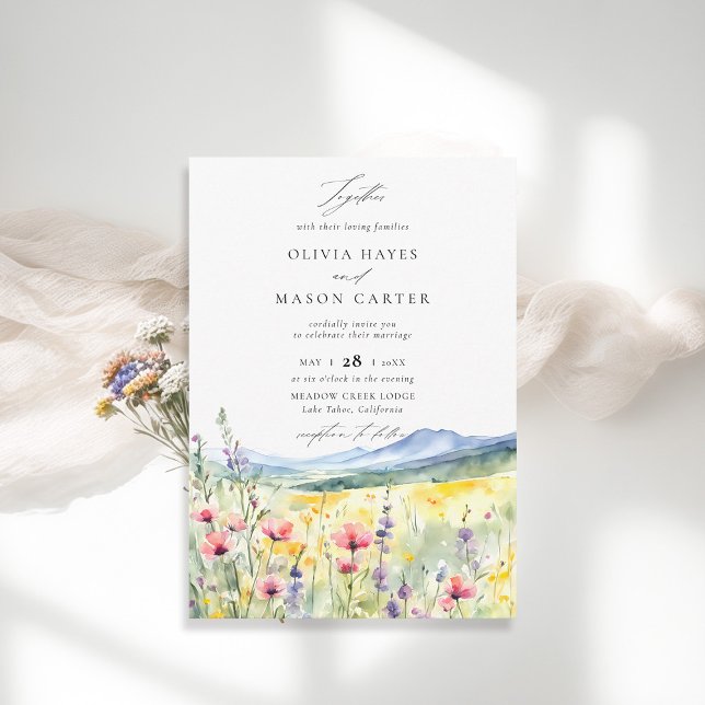 Convite Montanhas Woods Rustic Meadow Selvagens Casamento (mountains wedding invitation wildflowers outdoors woodland rustic elegant modern classic)