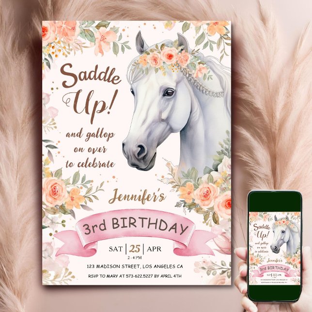 Convite Monte! Cavalo Branco Flores Rosa 3º Aniversário (Criador carregado)