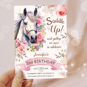 Convite Monte no Cavalo Aniversário de 2 Anos Menina Rosa
