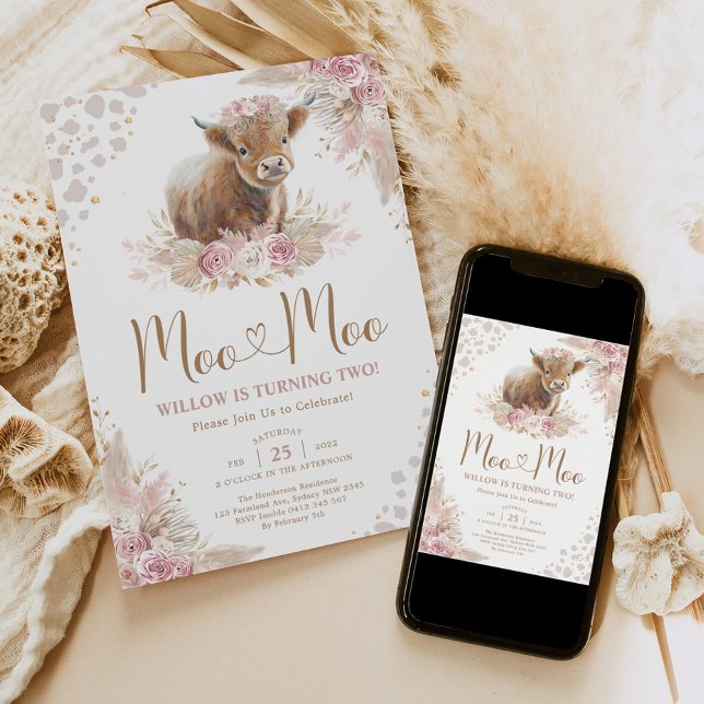 Convite Moo Boho Pampas Rosa Highland Cow segundo aniversá (Criador carregado)