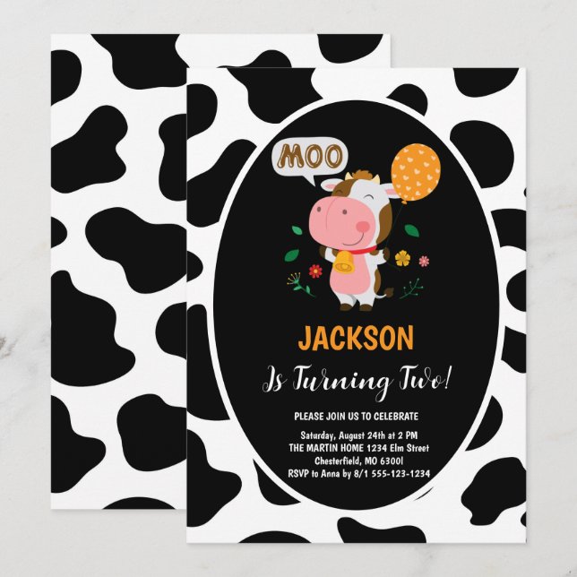 Convite Moo Moo Estou Com Dois Festa de Aniversário de 2 A (Frente/Verso)