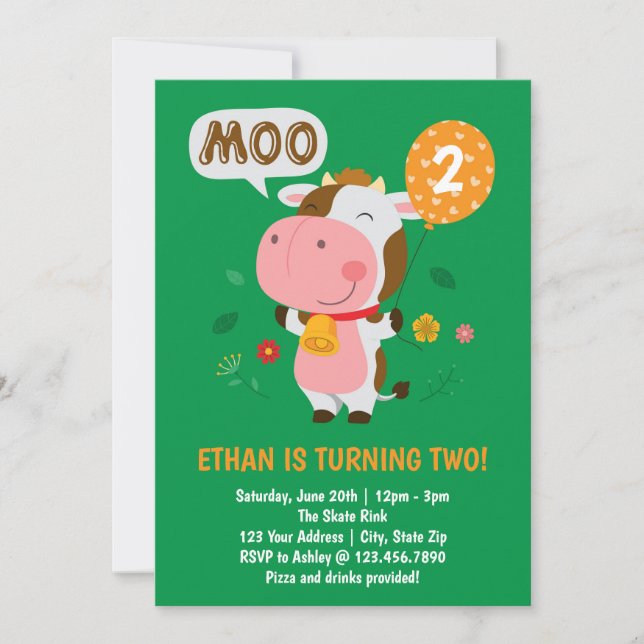 Convite Moo Moo Estou Dois Festa de Aniversário de 2 anos  (Frente)