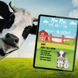 Convite Moo, Moo, look who's TWO, cute cow 2nd birthday