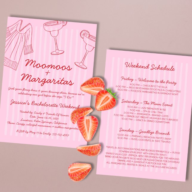 Convite Moo Moos & Margaritas - Bachelorette Rosa e Vermel (Moo Moos & Margaritas Pink & Red Bachelorette Invitation)