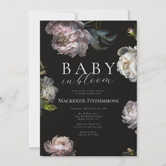 Convite  Moody Baby in Bloom Peony Dark Floral Baby Shower (Frente)