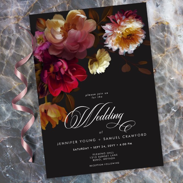 Convite Moody Black Floral Painterly Red Burgundy Wedding (Moody Black Floral Painterly Red Burgundy Wedding Invitation)