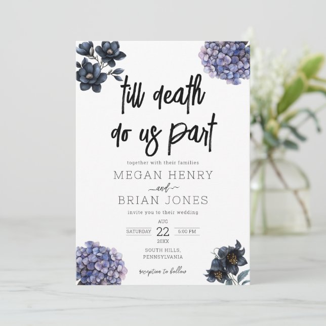Convite Moody Black Floral Till Death Do Us Part Wedding (Em pé/Frente)