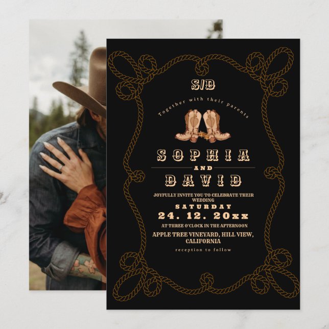 Convite Moody Black Rustic Western Wedding  (Frente/Verso)