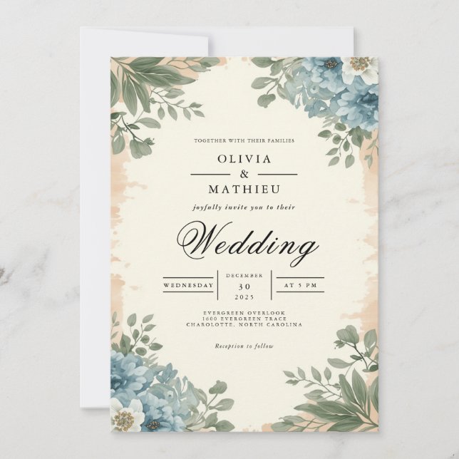 Convite Moody Blue Botanical Romance Wedding (Frente)