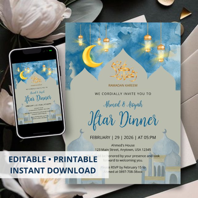 Convite Moody Blue Watercolor Mosque Iftar Dinner (Criador carregado)