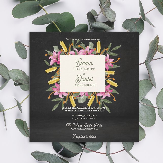 Convite Moody Blush Lily Elegant Romantic Black Wedding (Moody Blush Lily Black Wedding Invitation | Elegant Dark Floral Botanical Evening Wedding Invite)