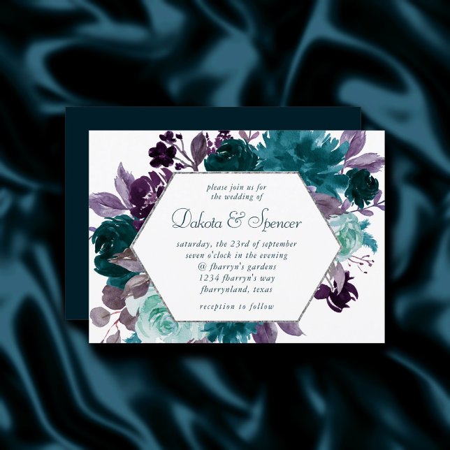 Convite Moody Boho | Casamento Floral Teal Turquoise Dark (Criador carregado)