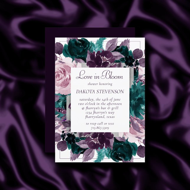 Convite Moody Boho | EggPlant Purple Teal Love in Bloom (Criador carregado)