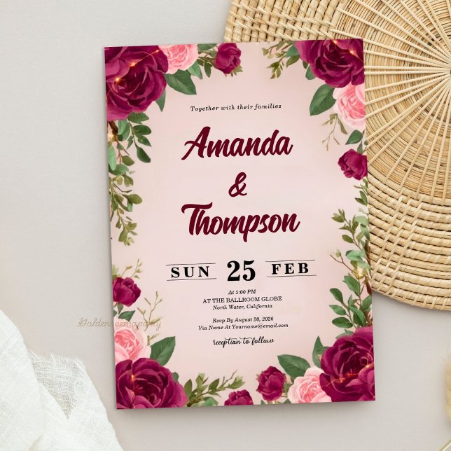 Convite Moody Burgundy and Blush Floral Wedding (Moody Burgundy and Blush Floral Wedding Invitation)