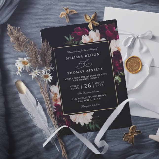 Convite Moody Burgundy Blush Floral QR Code Wedding (Criador carregado)