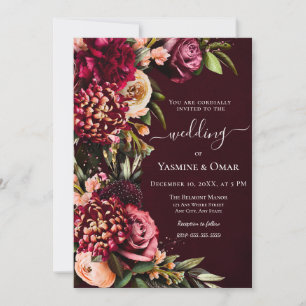 Convite Moody Burgundy Elegant Floral com código QR Weddin