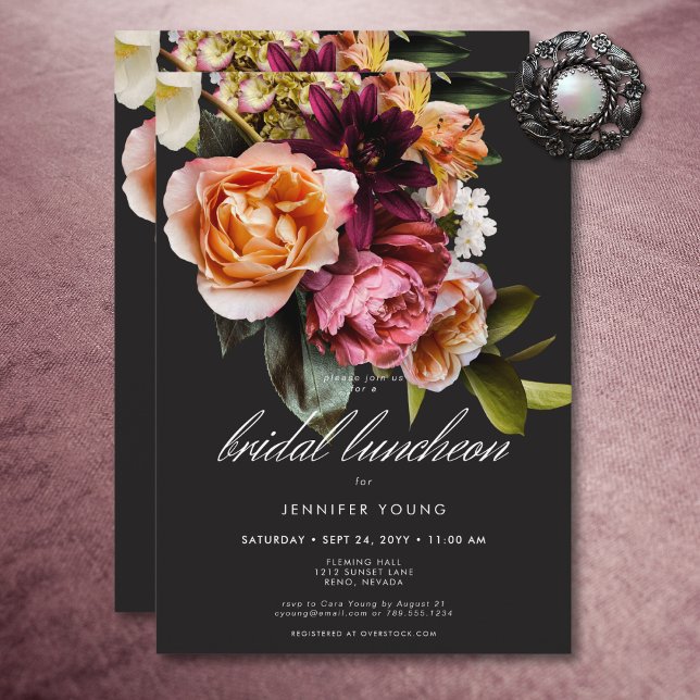 Convite Moody Burgundy Elegante e Almoço Floral Rosa (Elegant Moody Burgundy & Pink Floral Bridal Lunch Invitation)