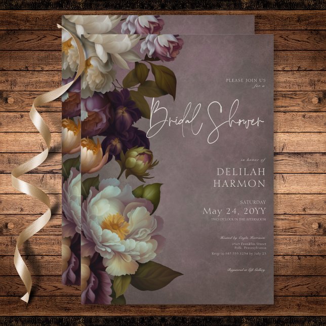 Convite Moody Burgundy Escuro e Chá de panela Floral de Cr (Dark Moody Burgundy & Cream Floral Bridal Shower Invitation)