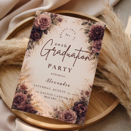Convite Moody Burgundy Floral Graduation Party