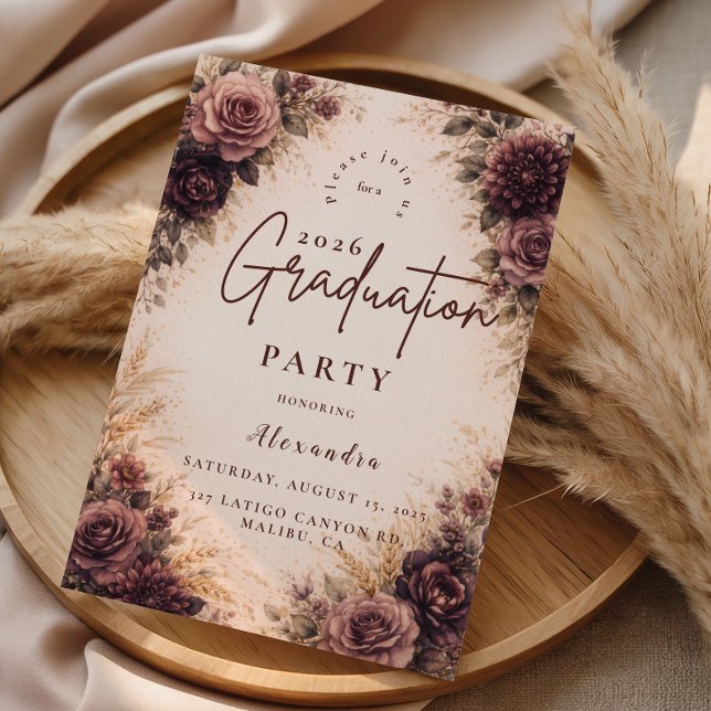 Convite Moody Burgundy Floral Graduation Party (Criador carregado)
