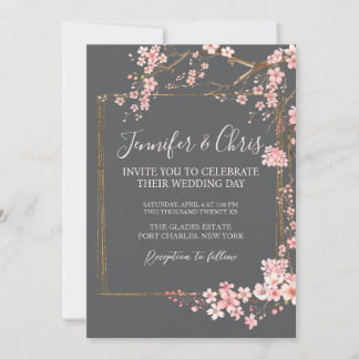 Convite Moody Charcoal and Pink Cherry Blossom Wedding