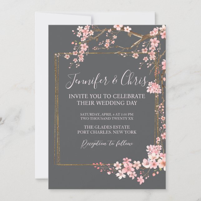 Convite Moody Charcoal and Pink Cherry Blossom Wedding (Frente)