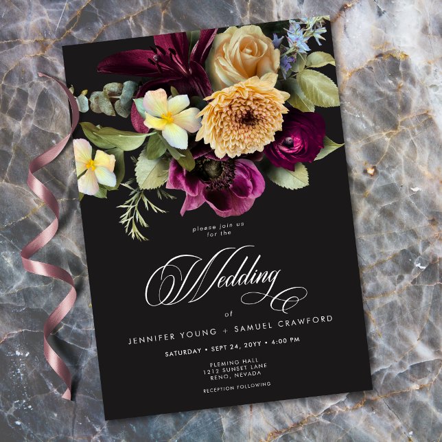 Convite Moody Dark Floral Black Burgundy Romantic Wedding (Moody Dark Floral Black Burgundy Romantic Wedding Invitation)