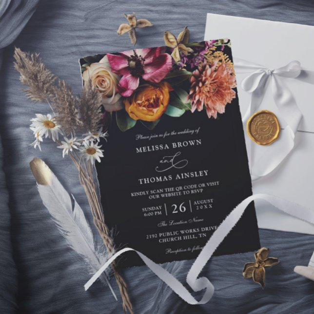 Convite Moody Elegant Floral Dark Budget QR Code Wedding (Criador carregado)