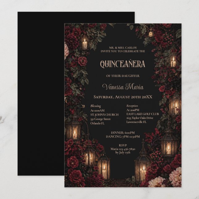 Convite Moody Floral Gótico Quinceanera (Frente/Verso)