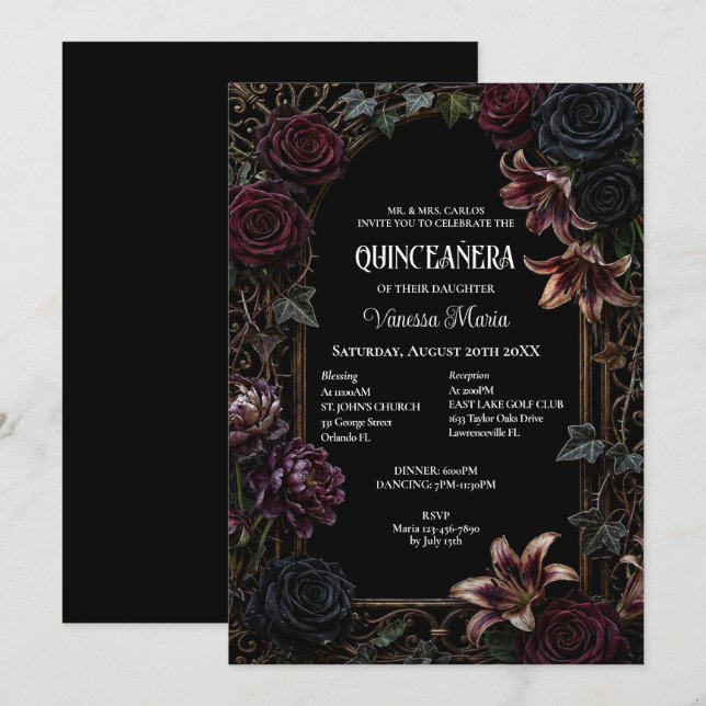 Convite Moody Floral Gótico Quinceanera (Frente/Verso)