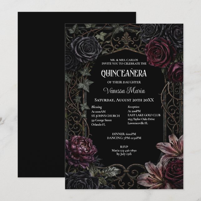Convite Moody Floral Gótico Quinceanera (Frente/Verso)