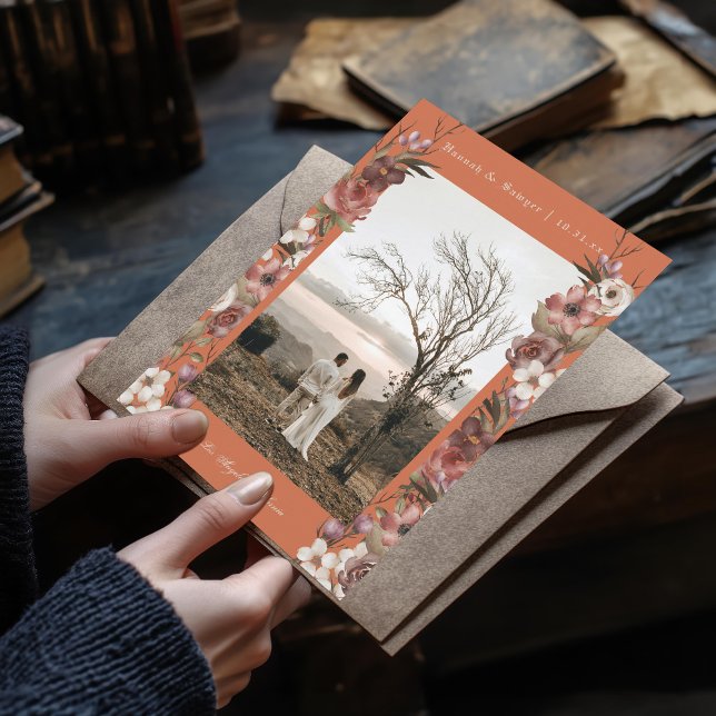 Convite Moody Floral Photo Terracotta Salve a Data (Criador carregado)