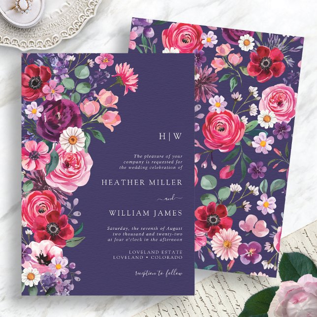 Convite Moody Floral Wedding (Moody Navy Blue Floral Wedding Invitation Monogrammed by Painted Paperie
)