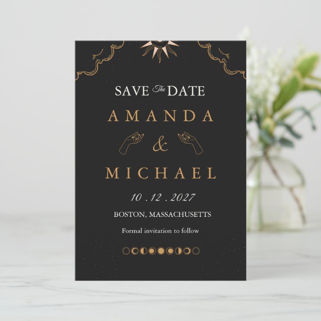 Convite Moody Gold Celestial Starry Night save the date In (Em pé/Frente)