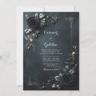 Convite Moody Gothic Black Rose Floral Frame Wedding