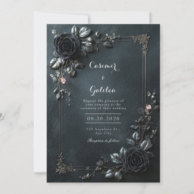 Convite Moody Gothic Black Rose Floral Frame Wedding (Frente)