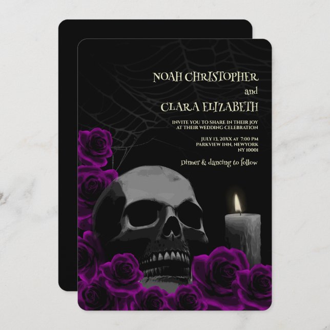 Convite Moody Gótica Black Purple Rosa Halloween Skull (Frente/Verso)