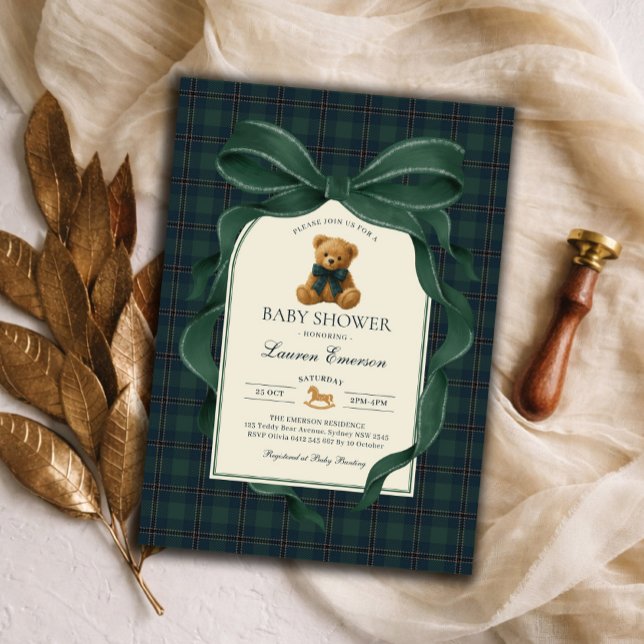 Convite Moody Green Plaid Polo Teddy Bear Boy Baby Shower (Criador carregado)