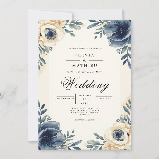 Convite Moody Indigo Floral Romance Wedding (Frente)
