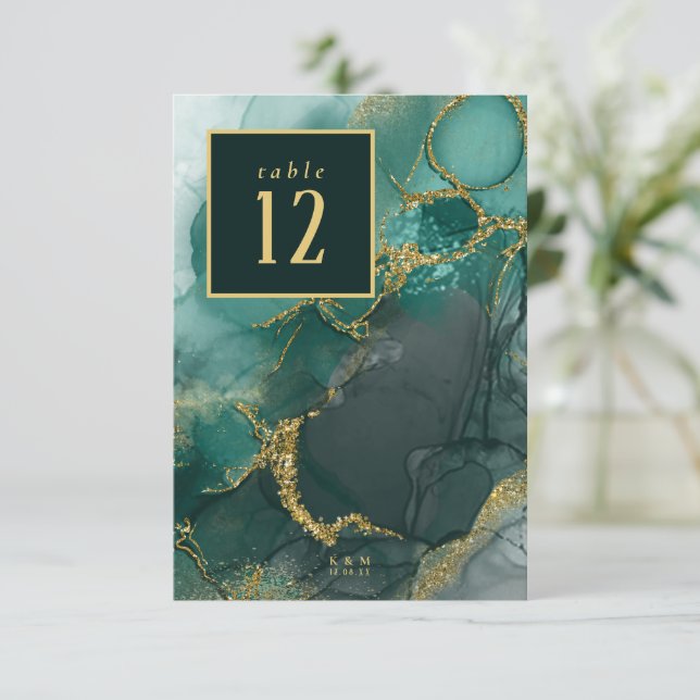 Convite Moody Ink Emerald Dourado Table Number ID988 (Em pé/Frente)