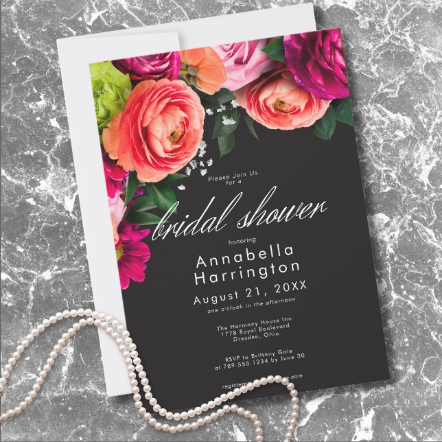 Convite Moody Luxe Floral Vibrant Pink Black Bridal Shower (Moody Luxe Floral Vibrant Pink Black Bridal Shower Invitation)