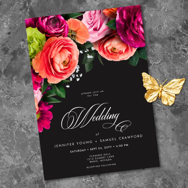 Convite Moody Luxe Floral Vibrant Pink Black Wedding (Moody Luxe Floral Vibrant Pink Black Wedding Invitation)