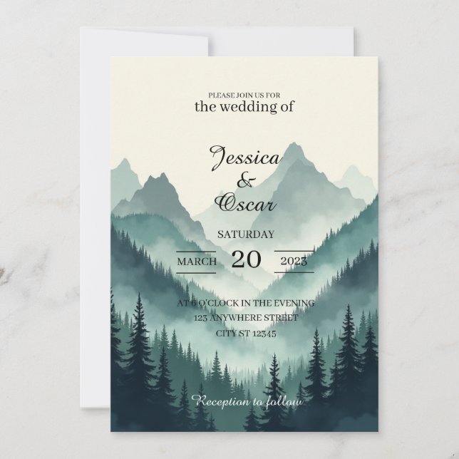 Convite Moody Mountain Forest Wedding Invitation (Frente)